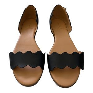 J. Crew Black Leather Scallopped Flats Sandals Size 7.5